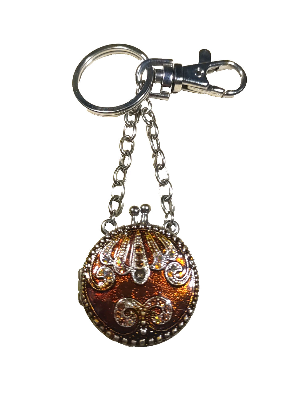 Keychain Magnetic Pill Box Luggage Clip Orange Rust Color Rhinestone Craft